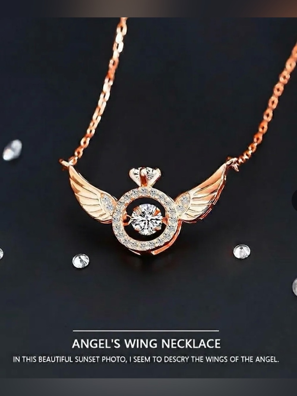 Angel Wings Dancing Heart Stone Necklace Copper Zirconia Elegant Clavicle Chain - Picture 3 of 7